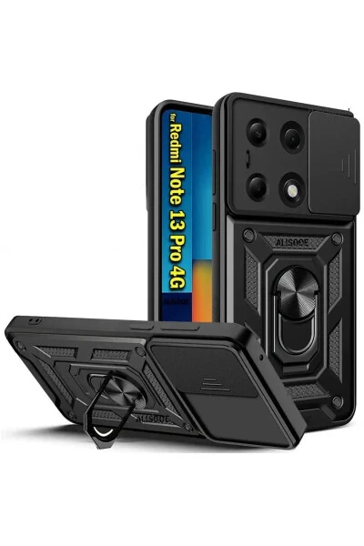 Xiaomi Redmi Note 13 Pro 4g Kılıf Kamera Korumalı Sürgülü Yüzüklü Armor Military Tank Kızaklı Kapak-Siyah - Modazone (1)