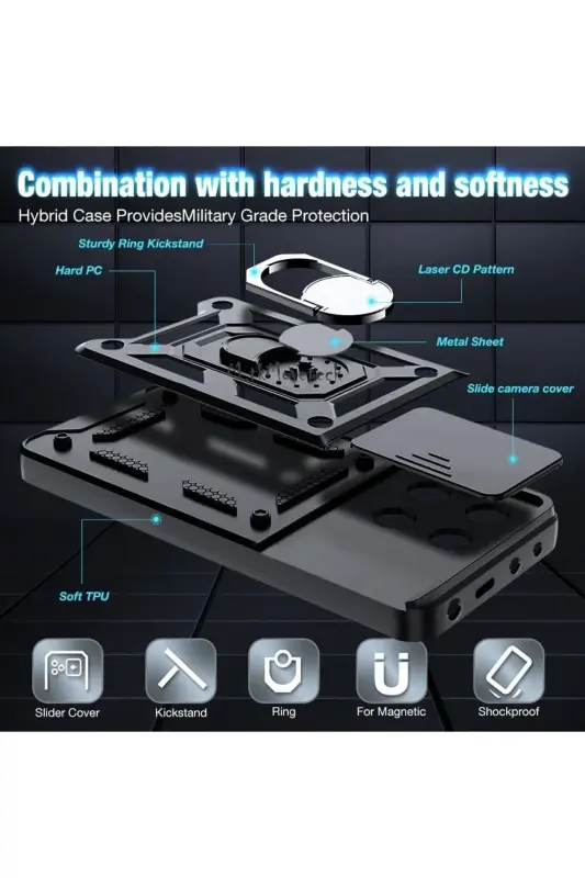 Xiaomi Redmi Note 13 Pro 4g Kılıf Kamera Korumalı Sürgülü Yüzüklü Armor Military Tank Kızaklı Kapak - Yeşil - 6