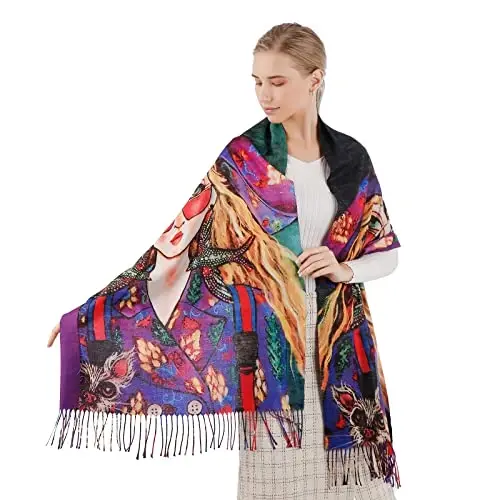 XINYUN Fashion Scarf Shawl with Girl Print Purple Soft CasModazoneere Long Tassel Scarves Winter Warm Large PasModazoneina Blanket Scarf for Women Girls - 6