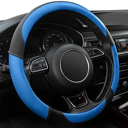 Xizopucy Black and Blue Microfiber Leather Steering Wheel Cover, Universal 15 inch Steering Wheel Covers for Car Truck SUV, Breathable, Anti Slip & Odor Free(Black+Blue)… - 1