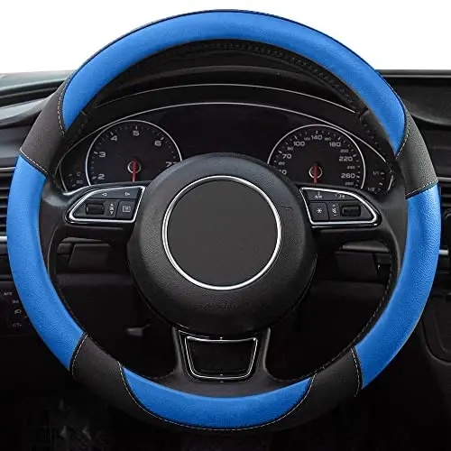 Xizopucy Black and Blue Microfiber Leather Steering Wheel Cover，Universal 15 inch Steering Wheel Covers for Car Truck SUV，Breathable, Anti Slip & Odor Free(Black+Blue)… - XIZOPUCY (1)