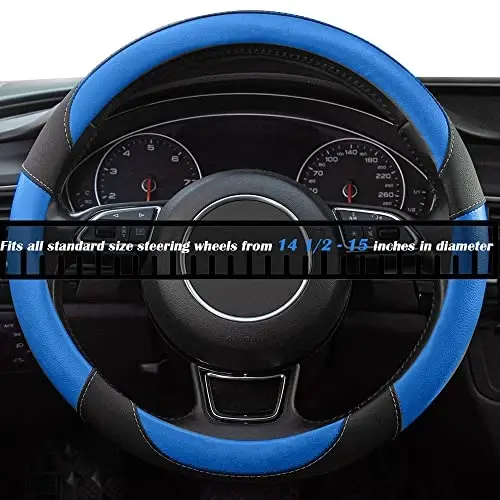 Xizopucy Black and Blue Microfiber Leather Steering Wheel Cover，Universal 15 inch Steering Wheel Covers for Car Truck SUV，Breathable, Anti Slip & Odor Free(Black+Blue)… - 4