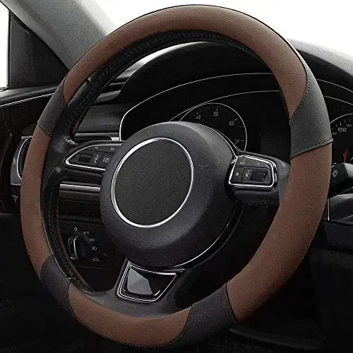 Xizopucy Steering Wheel Covers Black Universal Microfiber Leather, Suitable for 14 1/2-15 inch Car Steering Wheel Cover, Breathable, Anti Slip- Brown - 3