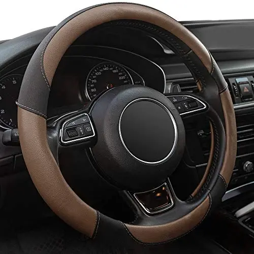 Xizopucy Steering Wheel Covers Black Universal Microfiber Leather, Suitable for 14 1/2-15 inch Car Steering Wheel Cover, Breathable, Anti Slip- Brown - 1