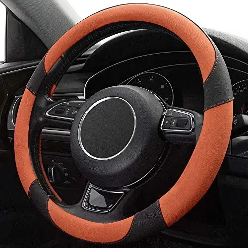 Xizopucy Steering Wheel Covers Black Universal Microfiber Leather, Suitable for 14 1/2-15 inch Car Steering Wheel Cover, Breathable, Anti Slip- Orange - 3