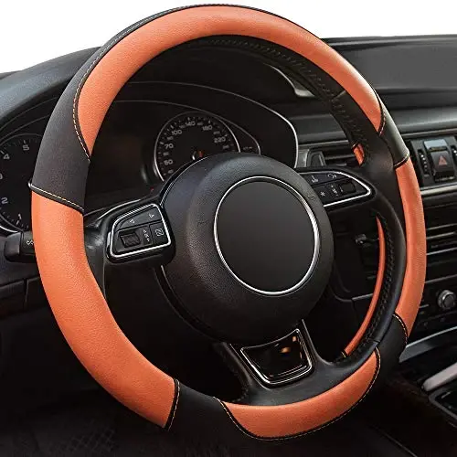 Xizopucy Steering Wheel Covers Black Universal Microfiber Leather, Suitable for 14 1/2-15 inch Car Steering Wheel Cover, Breathable, Anti Slip- Orange - 1