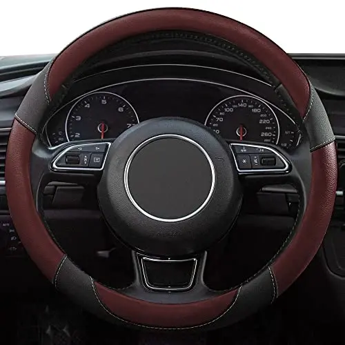 Xizopucy Rul qoplamalari Qora Universal Microfiber Teri, 14 1/2-15 dyuymli Avtomobil Rul qoplamasi uchun mos, Nafas oladigan, Sirpanishga qarshi- Sharob Qizil - 2