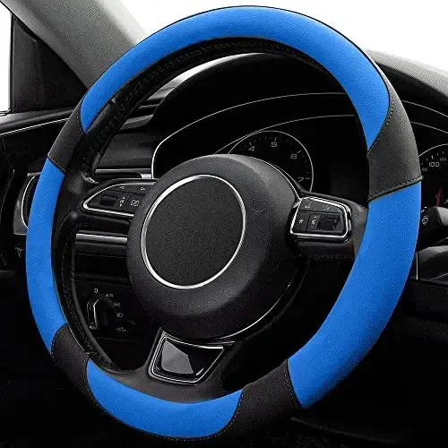 Xizopucy Black and Blue Microfiber Leather Steering Wheel Cover，Universal 15 inch Steering Wheel Covers for Car Truck SUV，Breathable, Anti Slip & Odor Free(Black+Blue)… - 3