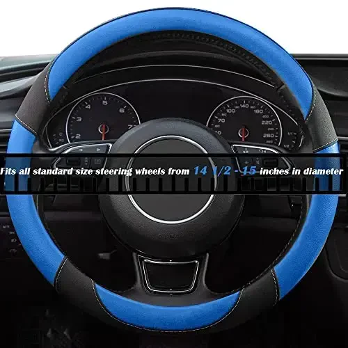 Xizopucy Black and Blue Microfiber Leather Steering Wheel Cover，Universal 15 inch Steering Wheel Covers for Car Truck SUV，Breathable, Anti Slip & Odor Free(Black+Blue)… - 4