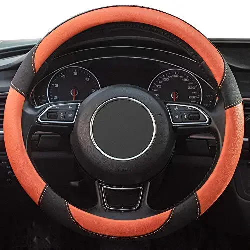 Xizopucy Steering Wheel Covers Black Universal Microfiber Leather, Suitable for 14 1/2-15 inch Car Steering Wheel Cover, Breathable, Anti Slip- Orange - 2