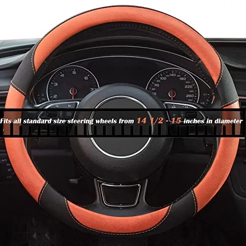 Xizopucy Steering Wheel Covers Black Universal Microfiber Leather, Suitable for 14 1/2-15 inch Car Steering Wheel Cover, Breathable, Anti Slip- Orange - 4