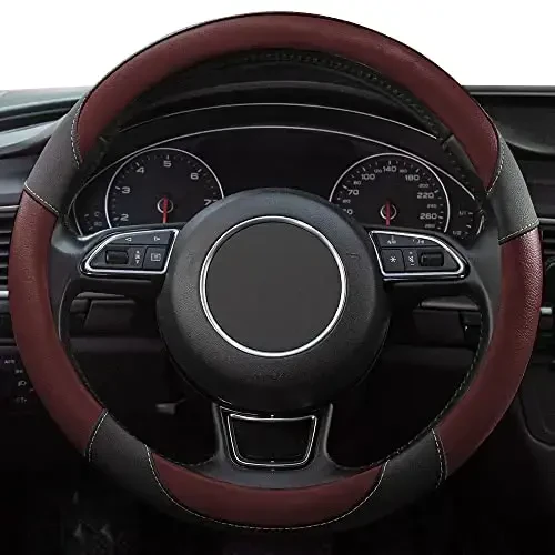 Xizopucy Steering Wheel Covers Black Universal Microfiber Leather, Suitable for 14 1/2-15 inch Car Steering Wheel Cover, Breathable, Anti Slip- Wine Red - 2
