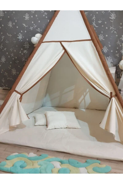 GrandeTent XL Çocuk Oyun Çadırı LED Işıklı Kızıldereli Çadırı Oyun Evi Minder ve Yastıklı-Kahve Çizgili - 5