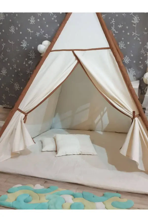 GrandeTent XL Çocuk Oyun Çadırı LED Işıklı Kızıldereli Çadırı Oyun Evi Minder ve Yastıklı-Kahve Çizgili - 5