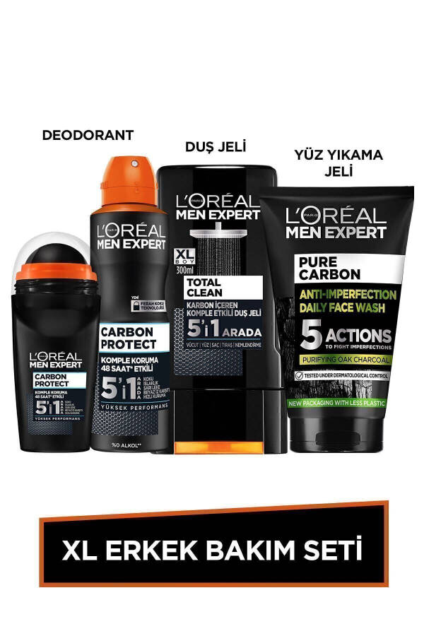 Xl Men's Care Set Total Clean Shower Gel Pure Charcoal Face Wash Gel Deodorant Roll On - 9