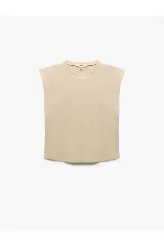 Хлопковая футболка без рукавов с круглым вырезом - Экрю - 4