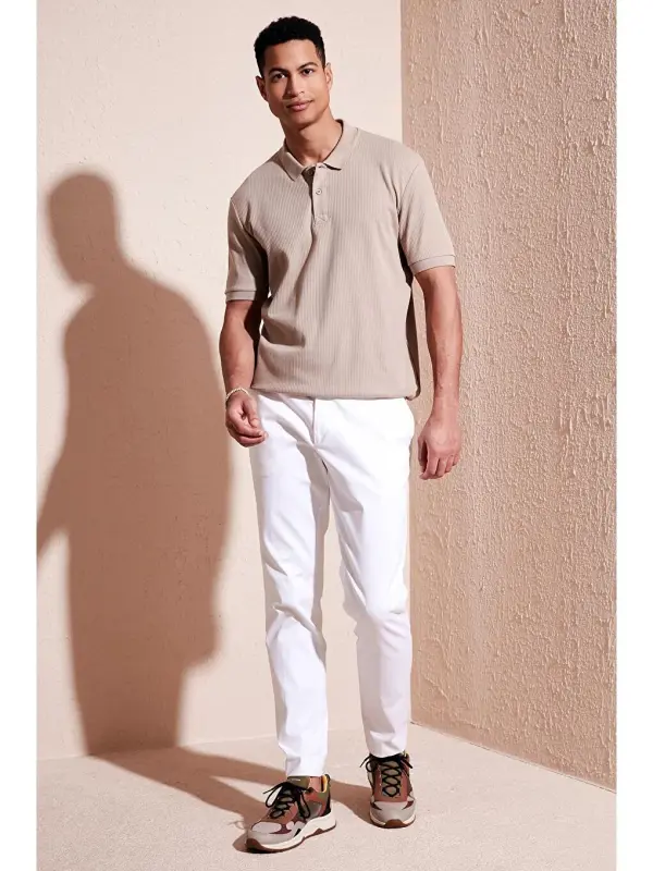 Хлопковая футболка-поло Slim Fit на пуговицах 5902281-бежевый - 2