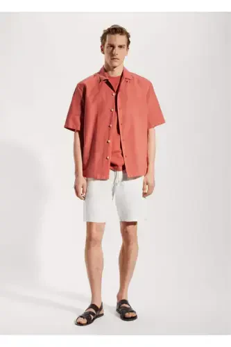 Хлопковая льняная рубашка с боулинговым воротником - Кораллово-красный - MANGO MAN (1)