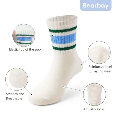 Хлопковые нескользящие детские носки Bearbay с полосками, сердечками и животными | Унисекс для мальчиков и девочек, нескользящая подошва - 4