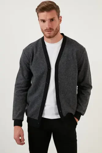 Хлопковый кардиган Regular Fit с V-образным вырезом на пуговицах, мужской кардиган 456205-GRİ - 3