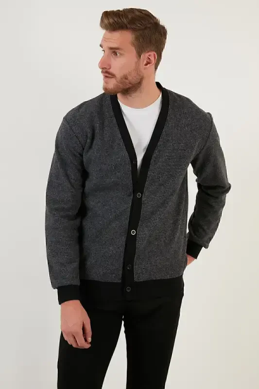 Хлопковый кардиган Regular Fit с V-образным вырезом на пуговицах, мужской кардиган 456205-GRİ - 5
