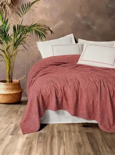 Хлопковый комплект покрывала/пике Cotton Box Embrova, махровый, двуспальный, бордовый, Loom. - 1