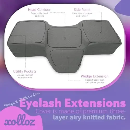 XOLLOZ Lash Pillow for Eyelash Extensions - Curved Memory Foam Bed Pillow, Ergonomic Head Rest with Neck Support, Side Pockets for Tools, Fits Lash Beds for Tech – Gray - 6