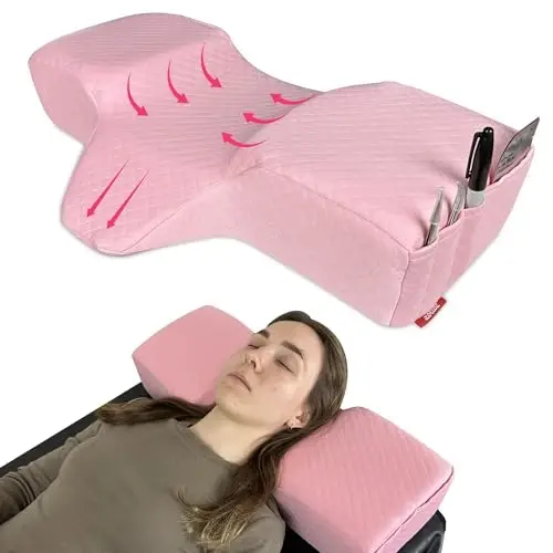 XOLLOZ Lash Pillow for Eyelash Extensions - Curved Memory Foam Bed Pillow, Ergonomic Head Rest with Neck Support, Side Pockets for Tools, Fits Lash Beds for Tech – Pink 