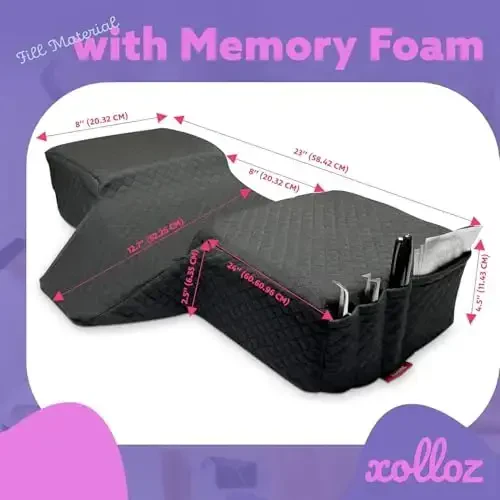 XOLLOZ Lash Pillow for Eyelash Extensions - Curved Memory Foam Bed Pillow, Ergonomic Head Rest with Neck Support, Side Pockets for Tools, Fits Lash Beds for Tech – Black - 2