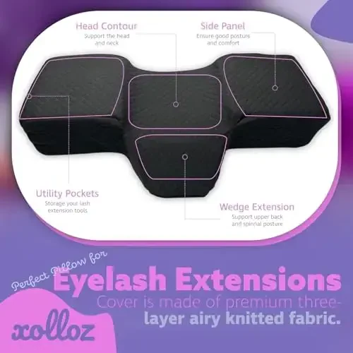 XOLLOZ Lash Pillow for Eyelash Extensions - Curved Memory Foam Bed Pillow, Ergonomic Head Rest with Neck Support, Side Pockets for Tools, Fits Lash Beds for Tech – Black - 6