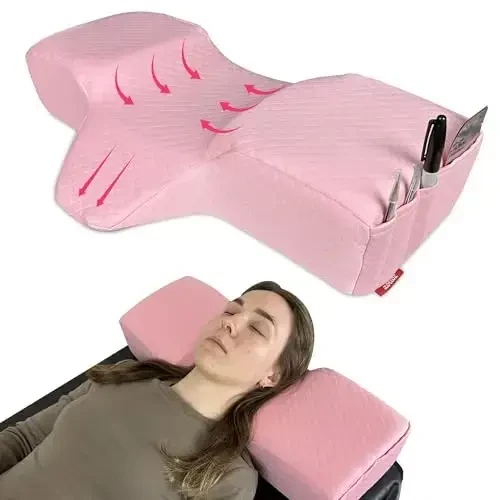 XOLLOZ Lash Pillow for Eyelash Extensions - Curved Memory Foam Bed Pillow, Ergonomic Head Rest with Neck Support, Side Pockets for Tools, Fits Lash Beds for Tech – Pink - 1