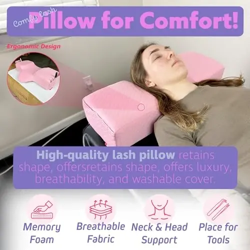 XOLLOZ Lash Pillow for Eyelash Extensions - Curved Memory Foam Bed Pillow, Ergonomic Head Rest with Neck Support, Side Pockets for Tools, Fits Lash Beds for Tech – Pink - 2