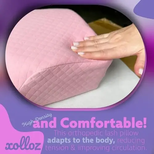 XOLLOZ Lash Pillow for Eyelash Extensions - Curved Memory Foam Bed Pillow, Ergonomic Head Rest with Neck Support, Side Pockets for Tools, Fits Lash Beds for Tech – Pink - 3