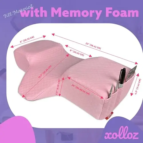 XOLLOZ Lash Pillow for Eyelash Extensions - Curved Memory Foam Bed Pillow, Ergonomic Head Rest with Neck Support, Side Pockets for Tools, Fits Lash Beds for Tech – Pink - 4