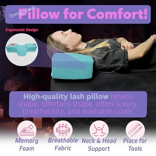 XOLLOZ Lash Pillow for Eyelash Extensions - Curved Memory Foam Bed Pillow, Ergonomic Head Rest with Neck Support, Side Pockets for Tools, Fits Lash Beds for Tech – Blue - LASH (1)