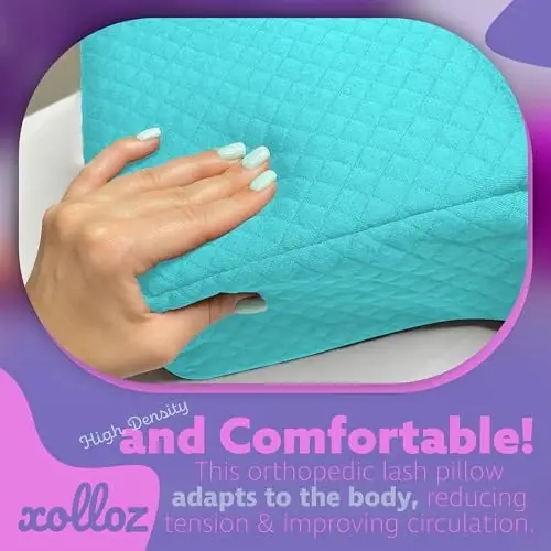 XOLLOZ Lash Pillow for Eyelash Extensions - Curved Memory Foam Bed Pillow, Ergonomic Head Rest with Neck Support, Side Pockets for Tools, Fits Lash Beds for Tech – Blue - 3
