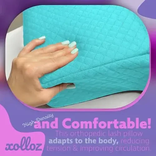 XOLLOZ Lash Pillow for Eyelash Extensions - Curved Memory Foam Bed Pillow, Ergonomic Head Rest with Neck Support, Side Pockets for Tools, Fits Lash Beds for Tech – Blue - 3