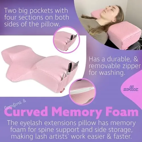 XOLLOZ Lash Pillow for Eyelash Extensions - Curved Memory Foam Bed Pillow, Ergonomic Head Rest with Neck Support, Side Pockets for Tools, Fits Lash Beds for Tech – Pink - 5