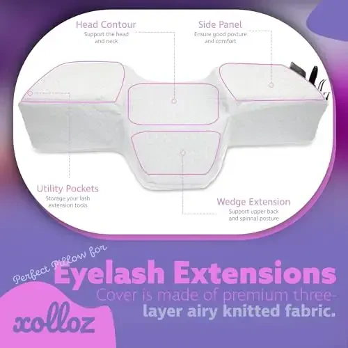 XOLLOZ Lash Pillow for Eyelash Extensions - Curved Memory Foam Bed Pillow, Ergonomic Head Rest with Neck Support, Side Pockets for Tools, Fits Lash Beds for Tech – White - 6
