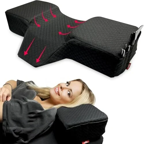XOLLOZ Pillow for Eyelash Extensions - Curved Memory Foam Lash Bed Pillow with Neck and Back Support, Perfect Pillow for Eyelash Extensions, Two Pockets for Tools On The Sides of Pillow (Black) - XOLLOZ