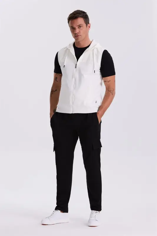 Xomashyo rangidagi Slim Fit kapyushonli paxtali likrali nimcha - 2