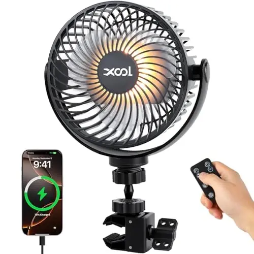 XOOL 12000mAh Rechargeable Clip Car Fan, 6-Inch Battery Operated Car Fan with 3 Speeds & 3 Brightness LED Light, Portable Cooling Fan with Sturdy Clamp for SUV, RV, Golf Cart, Camping - 1