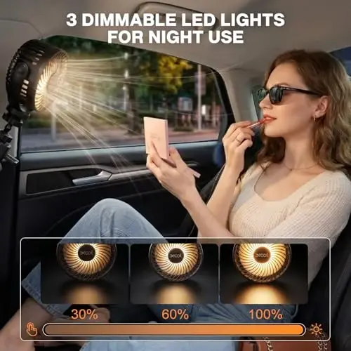 XOOL 12000mAh Rechargeable Clip Car Fan, 6-Inch Battery Operated Car Fan with 3 Speeds & 3 Brightness LED Light, Portable Cooling Fan with Sturdy Clamp for SUV, RV, Golf Cart, Camping - 6
