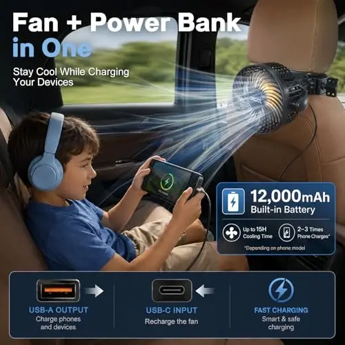 XOOL 12000mAh Rechargeable Clip Car Fan, 6-Inch Battery Operated Car Fan with 3 Speeds & 3 Brightness LED Light, Portable Cooling Fan with Sturdy Clamp for SUV, RV, Golf Cart, Camping - 3
