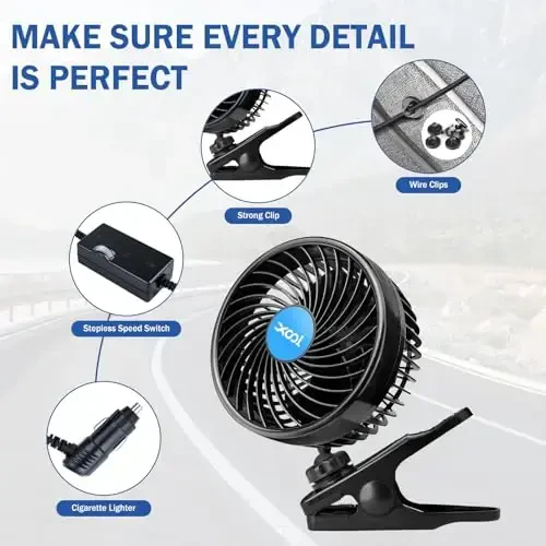 XOOL 12V 6'' Avtomobil Fani, Klipsli Fan 360 Daraja Aylanadigan Avtomobil Fani SUV, RV, Transport vositalari uchun Peless Tezlikni Sozlash va Sigaret Çakmagı Ulagichi bilan Sovutish Havo Fani - 7