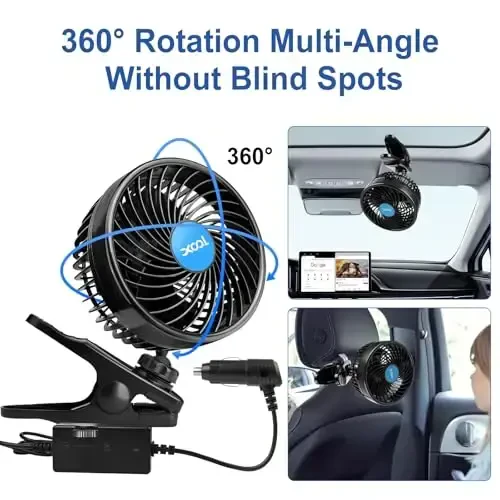 XOOL 12V 6'' Car Fan, Clip Fan 360 Degree Rotatable Car Fan Cooling Air Fan with Stepless Speed Regulation & Cigarette Lighter Plug for SUV, RV, Vehicles - 2