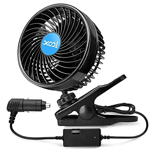 XOOL 12V 6'' Car Fan, Clip Fan 360 Degree Rotatable Car Fan Cooling Air Fan with Stepless Speed Regulation & Cigarette Lighter Plug for SUV, RV, Vehicles - 1