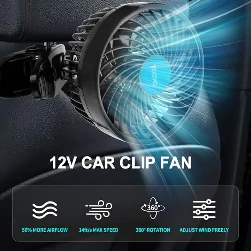 XOOL 12V 6'' Car Fan, Clip Fan 360 Degree Rotatable Car Fan Cooling Air Fan with Stepless Speed Regulation & Cigarette Lighter Plug for SUV, RV, Vehicles - 3