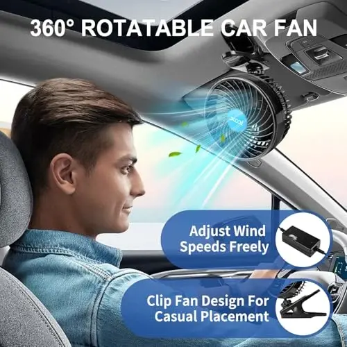 XOOL 12V 6'' Car Fan, Clip Fan 360 Degree Rotatable Car Fan Cooling Air Fan with Stepless Speed Regulation & Cigarette Lighter Plug for SUV, RV, Vehicles - 4