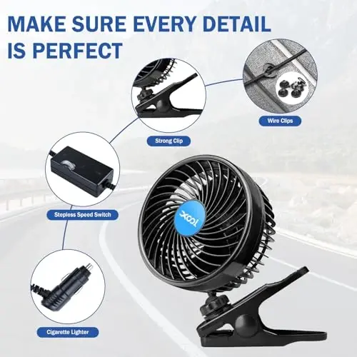 XOOL 12V 6'' Car Fan, Clip Fan 360 Degree Rotatable Car Fan Cooling Air Fan with Stepless Speed Regulation & Cigarette Lighter Plug for SUV, RV, Vehicles - 7